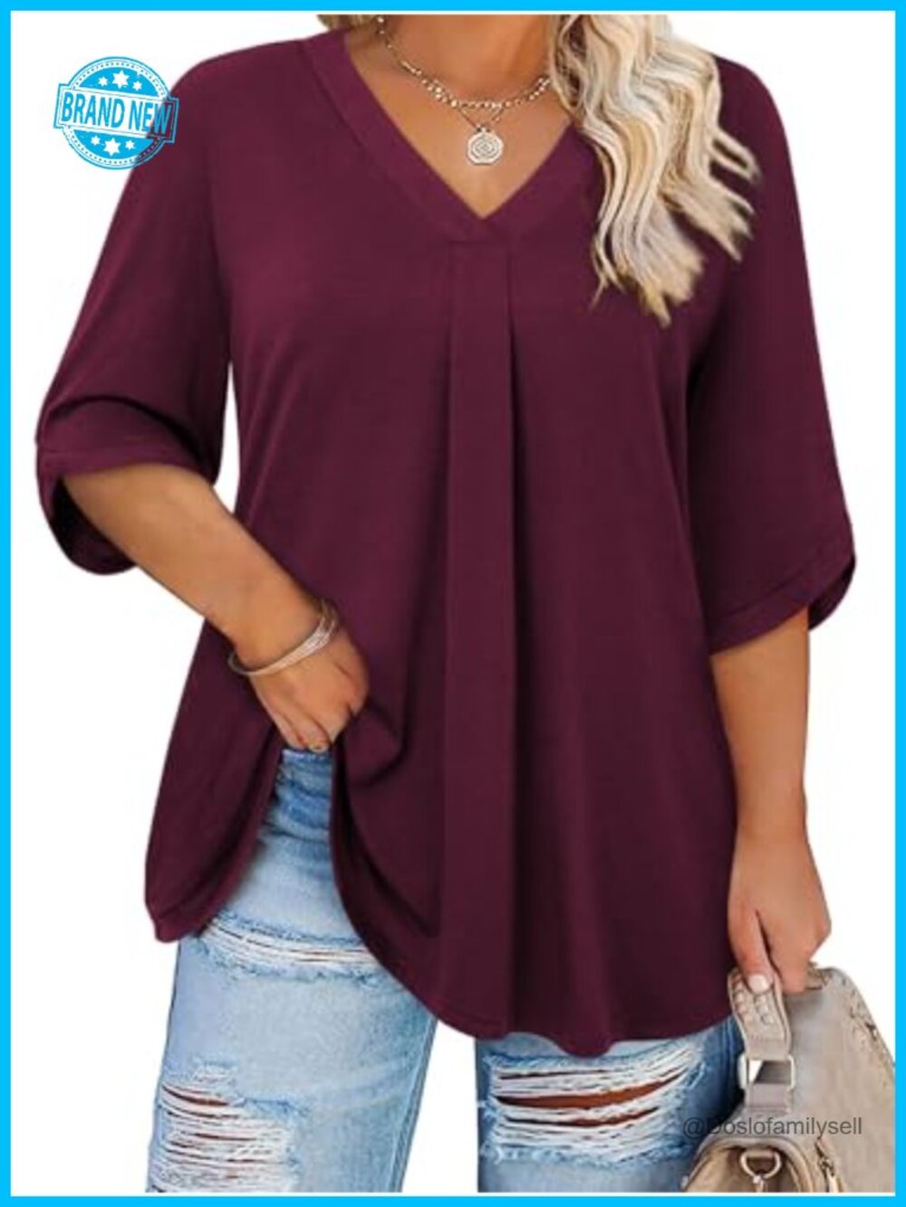 Plus Size 3/4 Bell Sleeve Tunic Top V Neck Flowy Blouse